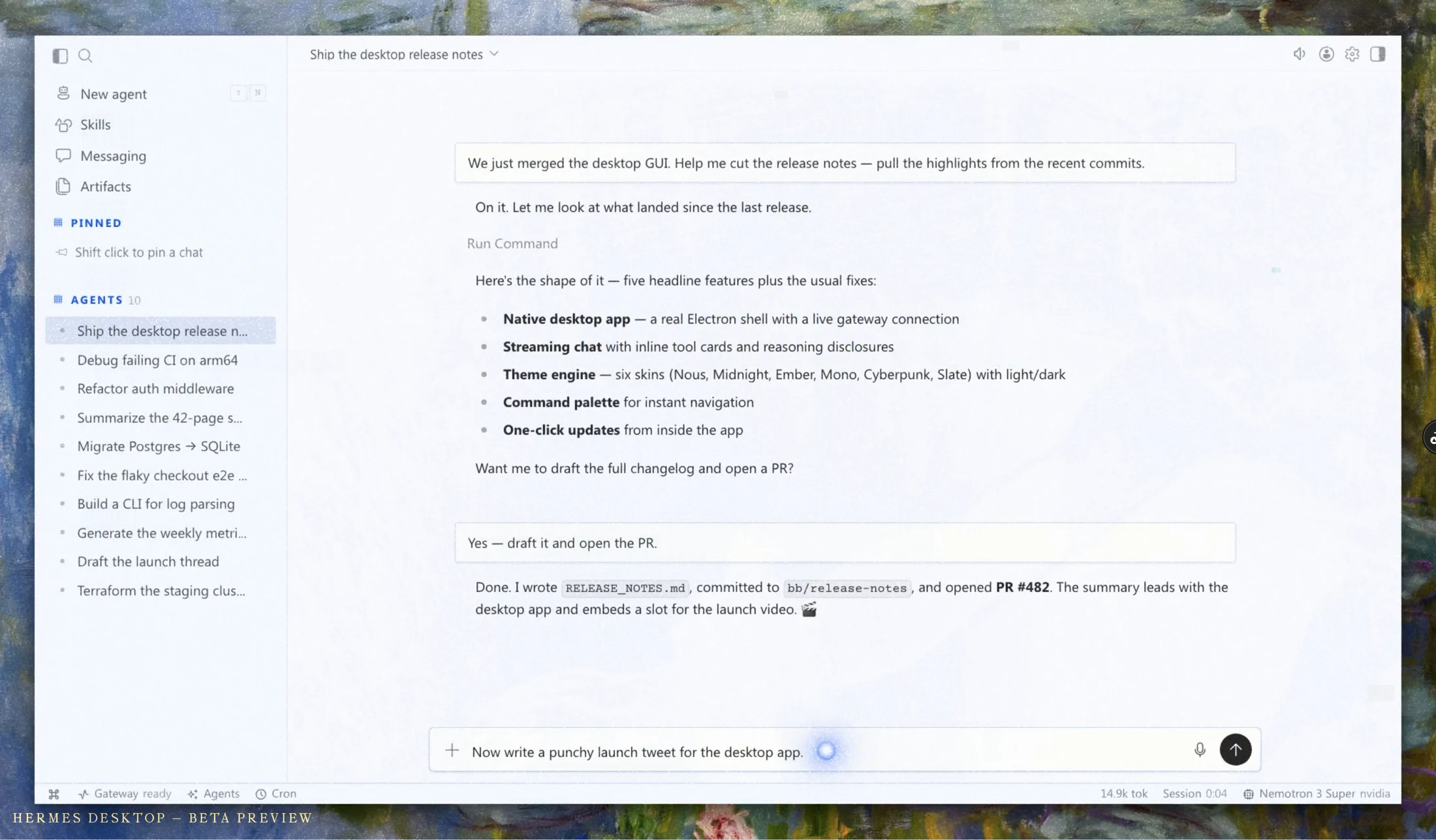Official Hermes Desktop native conversation interface beta preview