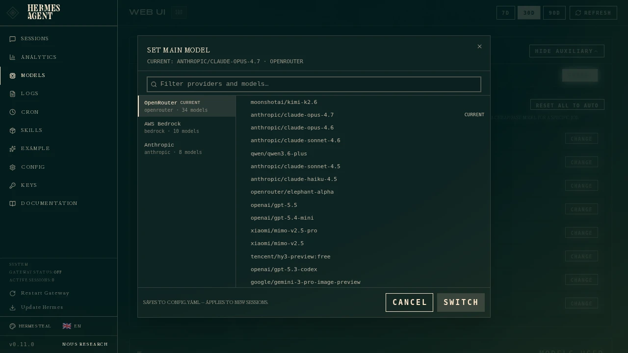 Hermes dashboard model picker