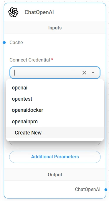 Flowise ChatOpenAI credential dropdown and Additional Parameters