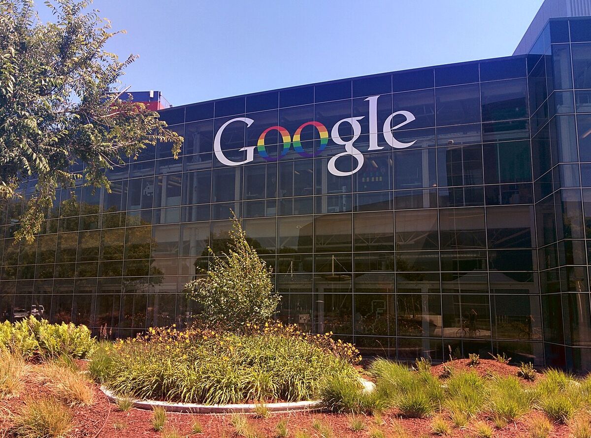 Google headquarters building with the Google sign at the Googleplex in Mountain View, California