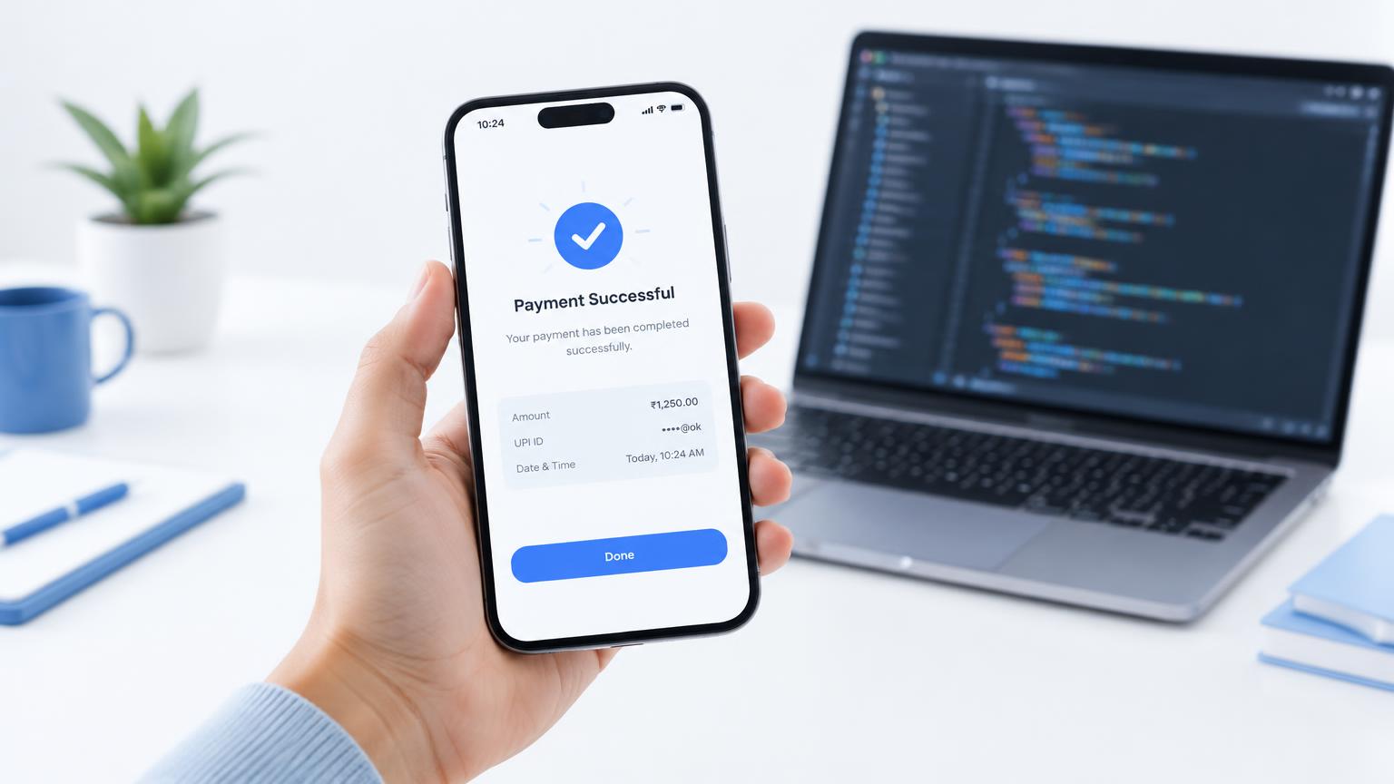 Phone showing a successful UPI payment next to a laptop with code